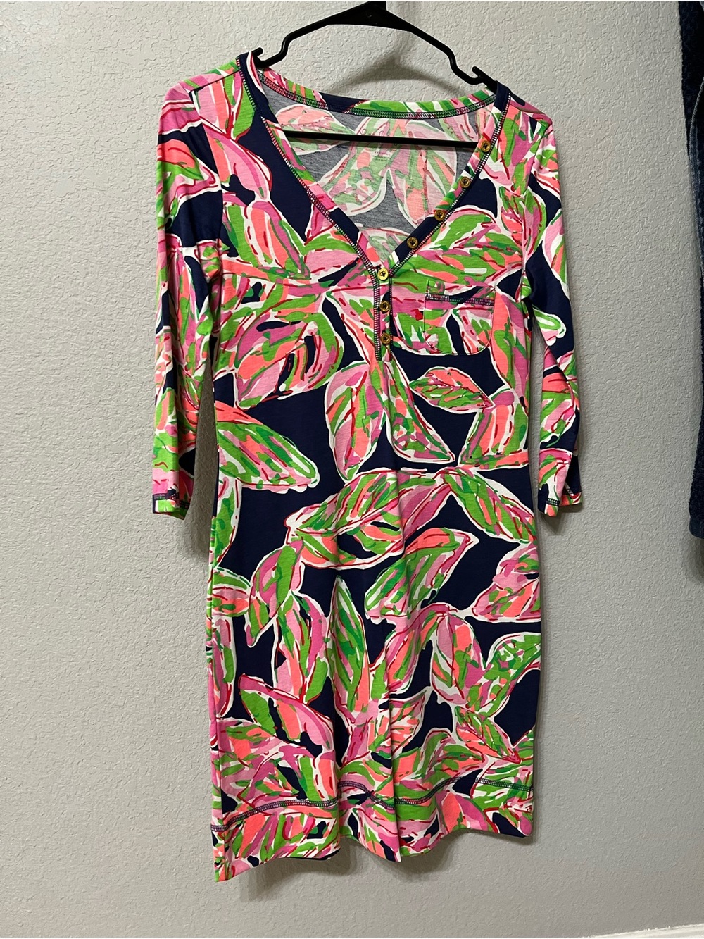 Lilly Pulitzer Navy Pink Green Floral Leaf Print Shift Dress